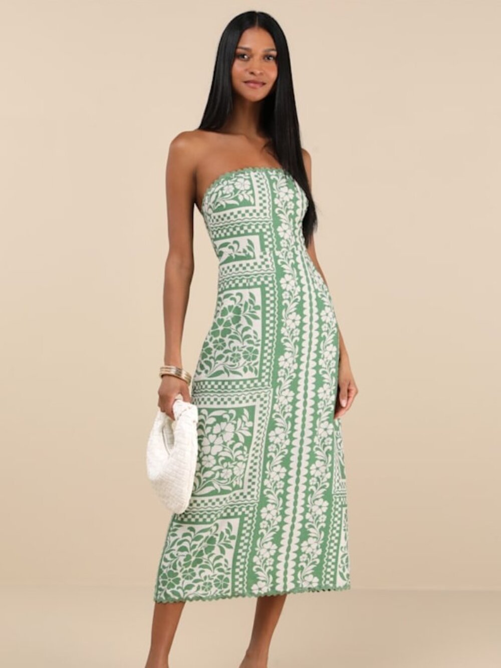 Lulus Brigita Green Floral Strapless Column Midi Dress - Size S